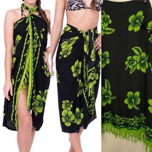 Black Green Hibiscus Tropical flower SARONG Pareo Wrap Skirt swimsuit cover-up